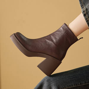 Bottes tendance rétro à bout carré, en cuir véritable, bout fermé, talon épais, fermeture éclair latérale, pour femme - Product Image 5