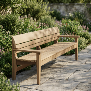 Banc de jardin moderne en teck, extra long, avec dossier à 3 niveaux en lattes, mobilier de patio - Product Image 3