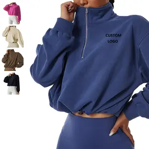 Wholesale Fashion Women's Hoodies & Sweatshirts Custom Logo Long Sleeve Top Stand Collar Quarter Zip Cropped Sweatshirt