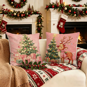 Housse de coussin décorative pour Noël, motifs Père Noël, sapin, renne, bonhomme de neige, couleur rose, pour les fêtes de Noël - Product Image 2