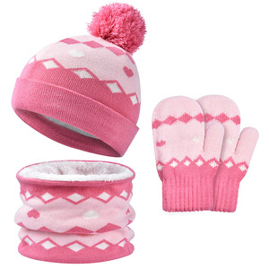 Ensemble bonnet, gants et écharpe pour enfants, 3 pièces, automne/hiver, 100% coton jacquard, motif diamant et cœur, tricot chaud - Product Image 1