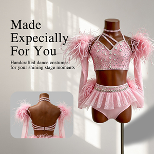 Costume de danse de luxe rose à plumes et strass, haut dos croisé à licou, 2 pièces, tenue de scène pour danse latine et jazz Fitdance - Product Image 1