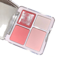 Palette de fards à joues crème 4 couleurs en gros sous marque privée, fini mat et scintillant, illuminateur en forme de cœur, maquillage visage en vrac avec éponge
