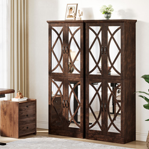 For Retro Solid Wood Living Room <strong>Cabinets</strong> <strong>Pantry</strong> <strong>Cabinet</strong> 4 Mirrored Doors Extendable Vintage Furniture - Product Image 4