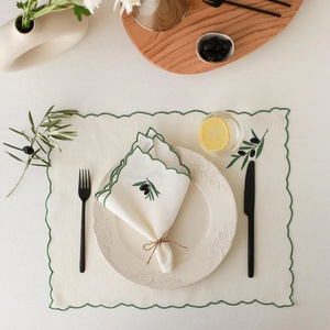 Custom Patterns Personalized Scalloped Edge Luxury Organic Flax Pure Embroidered <b>Table</b> <b>Cloth</b> <b>Linen</b> Napkins 45*45cm - Product Image 1