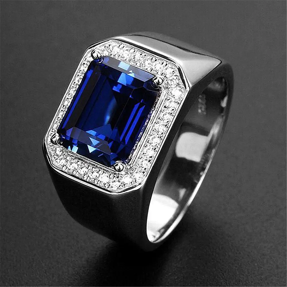 deep blue gemstone men jewelry silver plated platinum plated opening ring for men