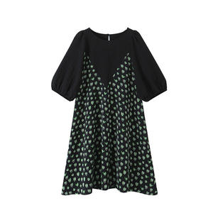 Vestido de Gasa con Mangas Abullonadas N8700, Cintura Holgada, Cuello Redondo, Estampado Geométrico, Ropa Casual Diaria para Mujer - Product Image 4