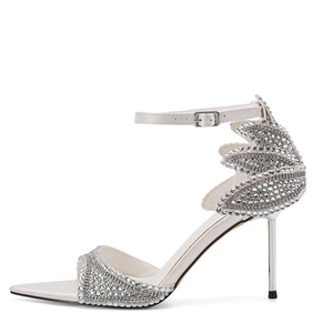 Women Sexy Diamonds Flower High Silver Heels <b>Sandals</b> Dress Pointy Toe Shoes Ankle Strap Buckle Stiletto Pumps - Product Image 1