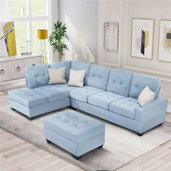 Set Sofa Serat Mikro 3 Bagian, Set Furnitur untuk Ruang Tamu, Penyimpanan Chaise Lounge, Ottoman, dan Pemegang Cangkir