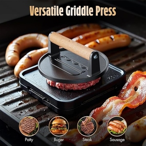 Smash Burger Press Smasher de hierro fundido pre-sazonado Smasher 2 lb Heavy-Duty Grill <span class=keywords><strong>Bacon</strong></span> Meat Press Tool con mango de madera - Product Image 5