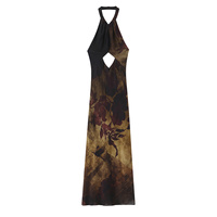 Robe midi décontractée et élégante pour femme, nouvelle collection été 2026, imprimé tendance, col halter, style rétro chic sans manches, coupe ajustée.