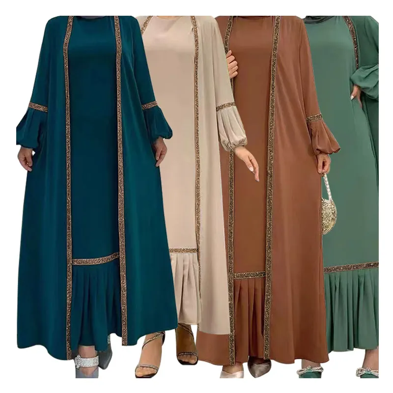 The latest muslin women dress set open abaya sequin dress elegant Middle East muslim robe chiffon abaya femmes robe musulmane