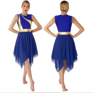 Popular Womens Color Block Patchwork Dresses Sleeveless Zipper Back Irregular Hem Modern Lyrical Dance Costume Dance Dress