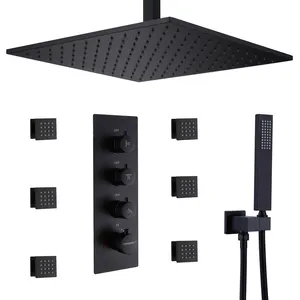 Soffione doccia a pioggia nero opaco in ottone montato a parete set doccia a LED per bagno a tre funzioni