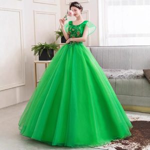 Emerald Green Evening Gown Scoop Neck Floral Print Tulle Dress For Wedding Banquet Performance Women - Product Image 2