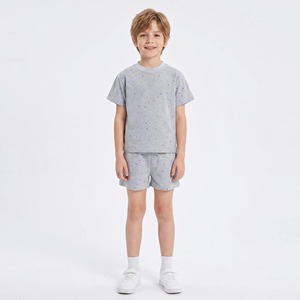 Ensembles de vêtements pour garçons, gris chiné, sweat-shirt à manches courtes avec strass en cristal 3D, short à taille élastique, décontracté, été, 2 pièces - Product Image 1