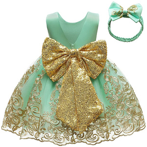 Robe de soirée tutu brodée de sequins et de dentelle avec nœud papillon pour bébés filles, modèles avec accessoires pour la tête - Product Image 3