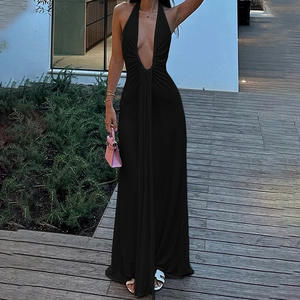 High Street vacances solide col bas dos nu Sexy <span class=keywords><strong>robe</strong></span> élégante licou femmes Maxi <span class=keywords><strong>robe</strong></span> pour soirée - Product Image 4