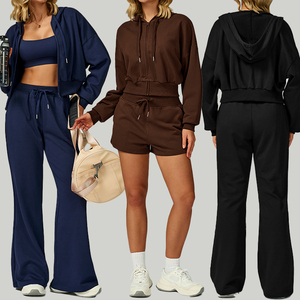 Completo sportivo di alta qualità <span class=keywords><strong>felpa</strong></span> corta con cerniera Top e pantaloni larghi da donna - Product Image 2