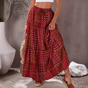 Women <b>Boho</b> Maxi <b>Skirt</b> Tiered Ruffle Elastic Waist Printed A-line Long <b>Skirt</b> for Beach Vacation Casual Wear - Product Image 1