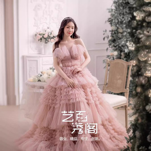 Artistic Bridal Gown Lotus Root Pink Halter Ball Gown Natural Waistline Folds Wedding Dress - Product Image 1