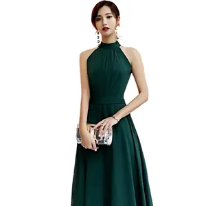 High Quality Pleated Silk Chiffon Dress Women's Sleeveless Zip Up Evening Dress Green Solid Elegant Dress