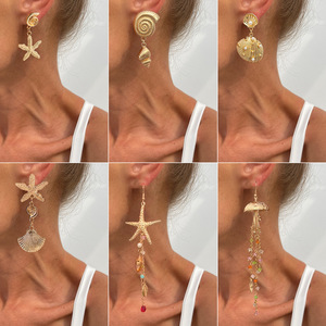 Boucles d'oreilles pendantes tendance style bohème pour femme, motif étoile de mer et méduse, imitation perle, franges en cristal, alliage, pour soirée - Product Image 2