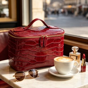 Fashion Red Croc Pattern PU Cosmetic Bag Hand Carry Zipper Travel <b>Makeup</b> <b>Case</b> Large Capacity Women Toiletry Bag - Product Image 5