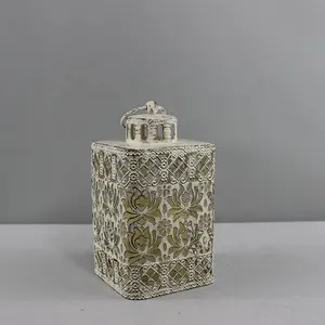 Oriental Style Small White Square Shape Miniature Metal Lantern with LED Candle Inside