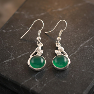 925 <b>Sterling</b> <b>Silver</b> Green Agate Bezel Setting Handmade Leaf <b>Drop</b> Dangle <b>Earrings</b> for Women - Product Image 3