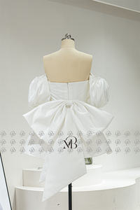 Mily mariée QD06339 détachable grand nœud bouffant manches courtes fermeture éclair dos Mini robe de mariée courte - Product Image 4