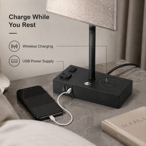 Modern <b>Table</b> Lamp With <b>Wireless</b> <b>Charging</b> USB Power Supply Fabric Shade Iron Base E27 Bulb For Bedroom <b>Bedside</b> Nightstand - Product Image 3