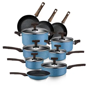 Ensemble d'ustensiles de cuisine en aluminium, 16 pièces, batterie de cuisine antiadhésive, cuisinière à induction, revêtement en marbre antiadhésif, poignée en bakélite