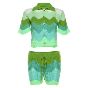 ชุดเซ็ตแฟชั่นเสื้อยืดถักกระดุมแถวเดียวกับกางเกงขาสั้นเอวสูงสไตล์ลำลอง - Product Image 5