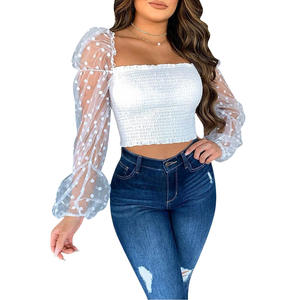 Blusa Sexy <span class=keywords><strong>de</strong></span> Encaje Transparente con Mangas Abullonadas, Ropa <span class=keywords><strong>de</strong></span> Diseñador para Mujer, Cuello Redondo, Top <span class=keywords><strong>de</strong></span> Moda para Club, Fiesta - Product Image 3