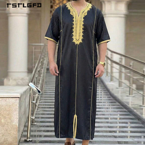 <b>Men</b> Black <b>Thobe</b> Gold Thread Embroidery V-Neck Gold Stripe Piping Short Sleeve Full-Length Luxury Islamic Jubba Formal Robe - Product Image 1