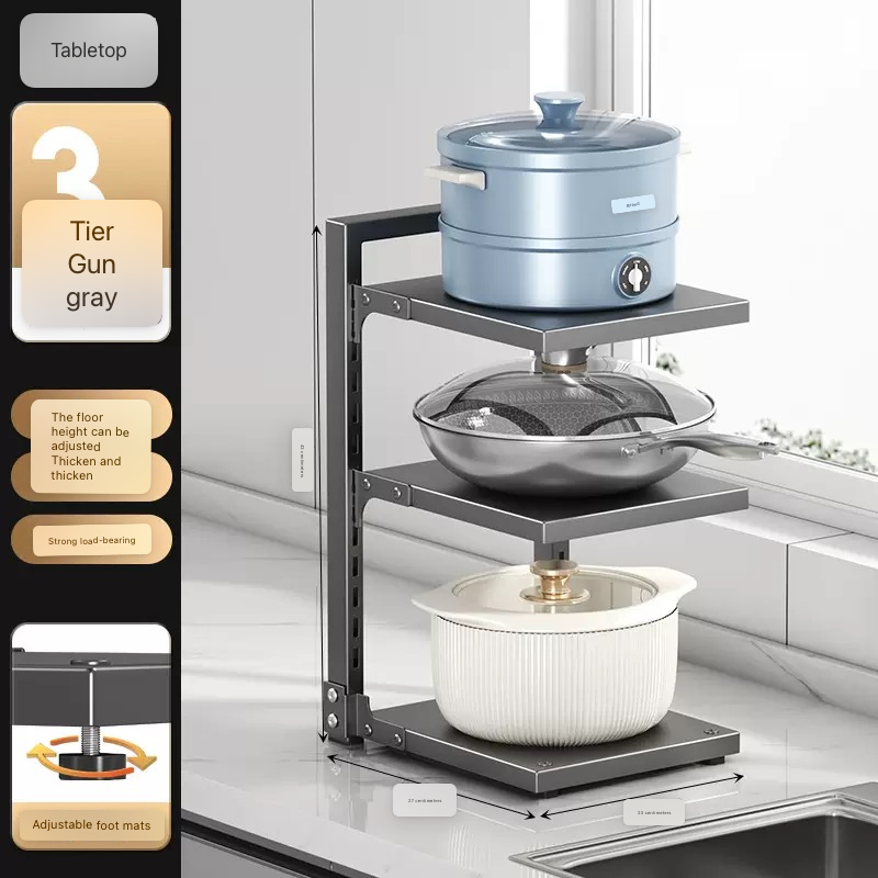 Gray-Single-sided three-tier pot rack