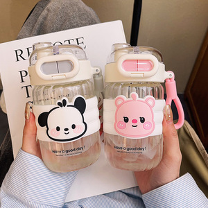 Cute Cartoon Glass Water <b>Bottle</b> With Straw And Strap For Students And Girls - Product Image 2