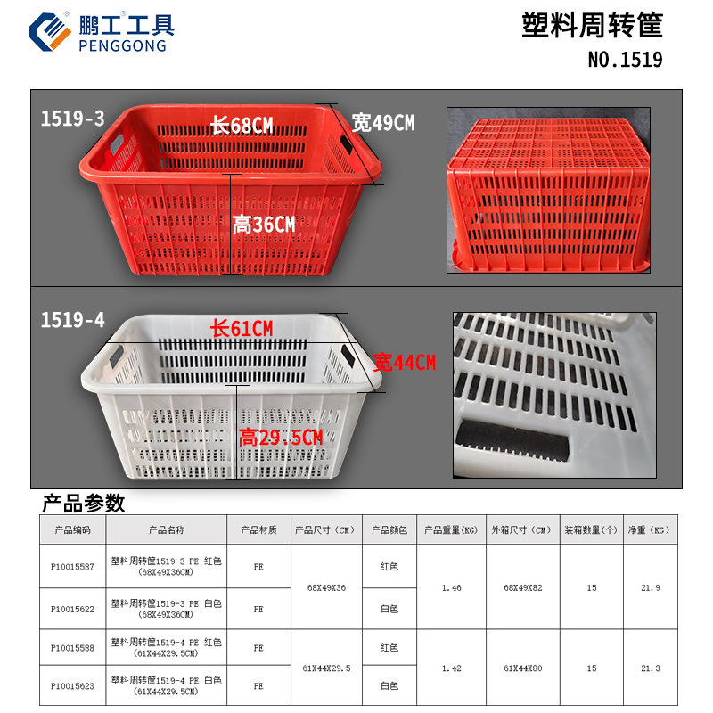 Caja plástica de volteo 1519-3 PE, roja, 68X49X36CM