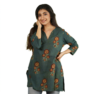 Kurta Informal Moderna de Verano para Mujer, Estampado Floral Verde, Algodón, Corte Regular, Estilo Étnico de India y Pakistán, Secado Rápido, Protección Solar - Product Image 1