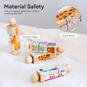 Mordedor de madera para bebés de 0 a 36 meses y juego de rompecabezas 5 en 1 con sonajero giratorio de combinación de formas de animales y coches, juguete Montessori de cognición - Product Image 3