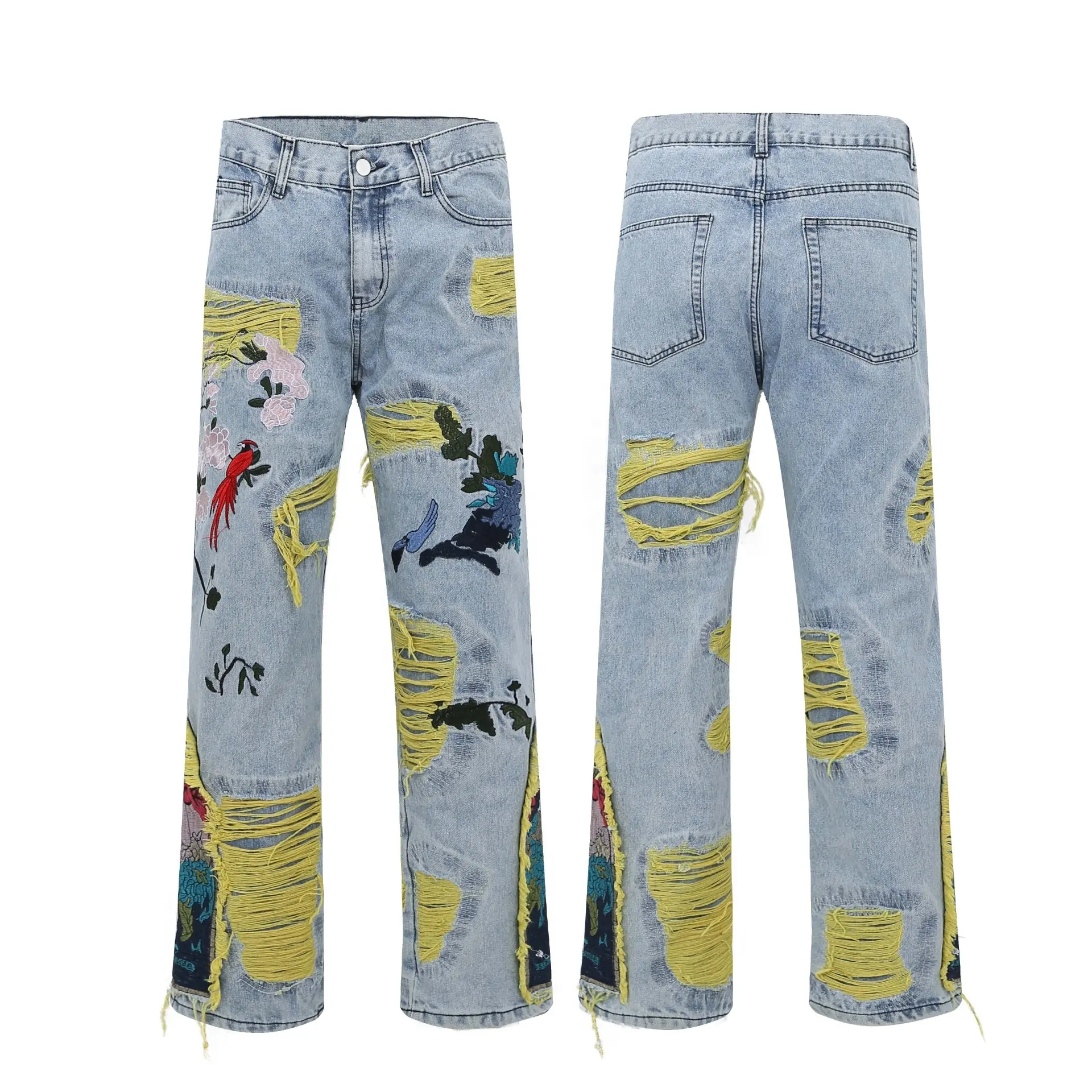 Jeans da uomo in Denim ricamato strappato Hip Hop a gamba dritta High Street