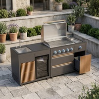 Îlot de cuisine BBQ extérieur tout-en-un en acier inoxydable 304 avec brûleur latéral et réfrigérateur pour jardin et terrasse