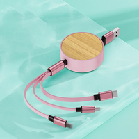 Câble de charge USB rapide 3-en-1 en bambou, rétractable 1,2 m, pour promotion, exposition commerciale, publicité, événement, cadeau, câble de charge 3-en-1