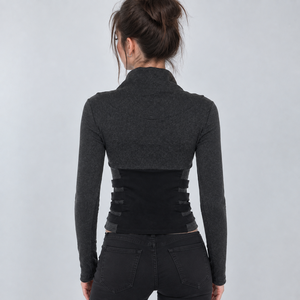 T-shirt court côtelé à col montant et manches longues pour femme, avec détails de patchwork et fermeture éclair à la taille, extensible, coupe décontractée, style streetwear - Product Image 5