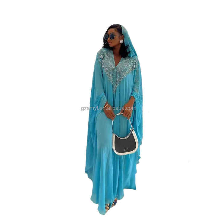 African Women's Beads Chiffon Party Evening Dress Big Size