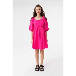Vestido Mini Fruncido con Cuello en V y Mangas Abullonadas para Mujer - 31153ELB - Fucsia - Product Image 1
