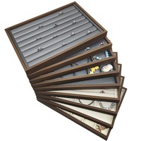 Plateau à bijoux carré en bois personnalisé, en noyer, enveloppé de PVC, 12 à 24 compartiments, en cuir gris crème, pour ranger et présenter des bagues, des colliers, etc.