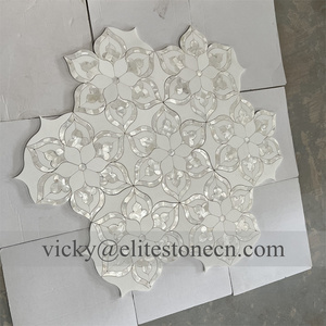 Mosaico <span class=keywords><strong>de</strong></span> Lujo con Diseño Floral, Mosaico <span class=keywords><strong>de</strong></span> Mármol Blanco Thassos con Incrustaciones <span class=keywords><strong>de</strong></span> Madreperla para Paredes Interiores - Product Image 5
