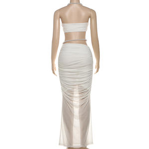 New Pearl Conjunto de faldas de 2 piezas Soild Halter Crop Tops y faldas largas de retazos de malla Conjunto de dos piezas Ropa de mujer - Product Image 3